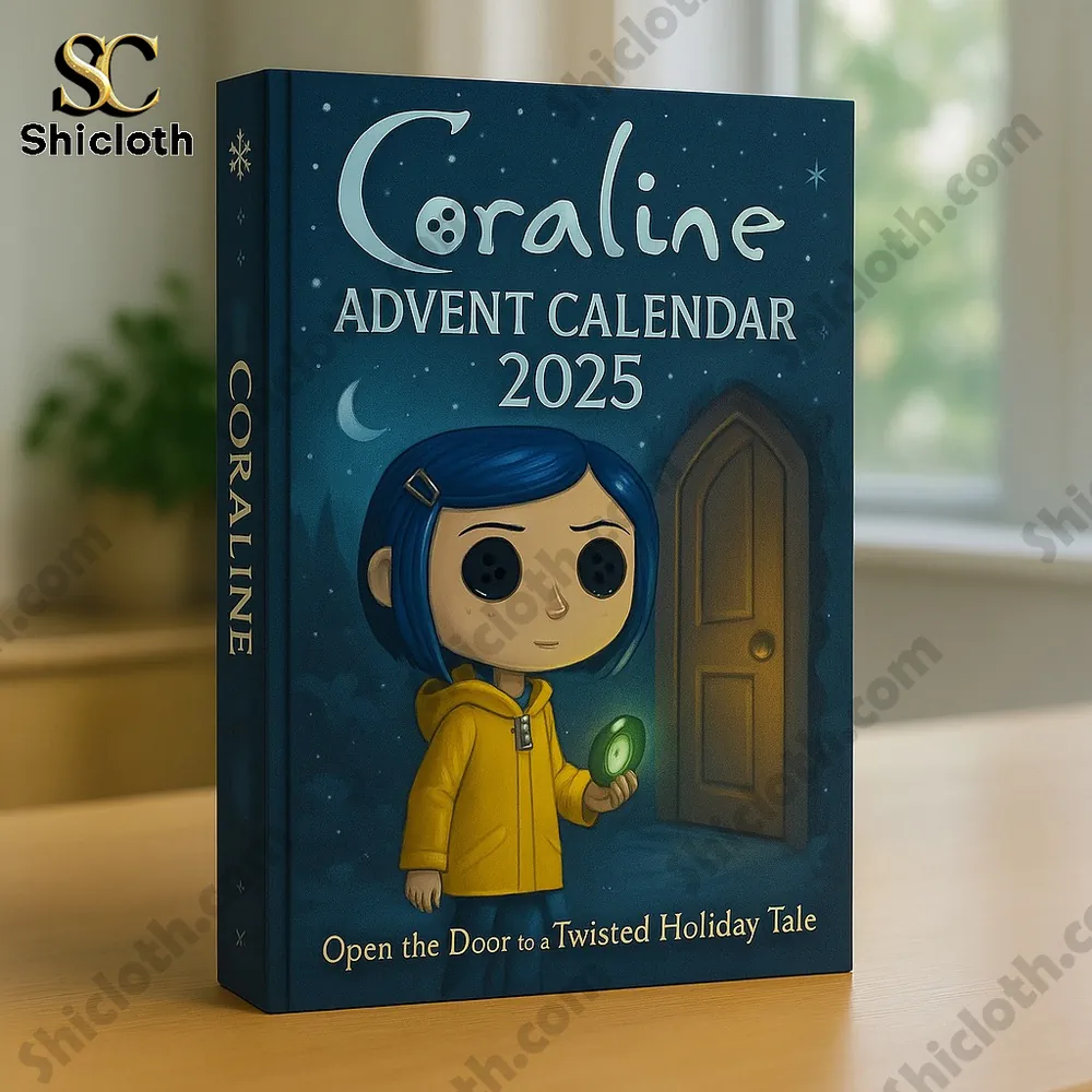 Close up of the Coraline Advent Calendar 2025 box featuring Coraline in a yellow coat!