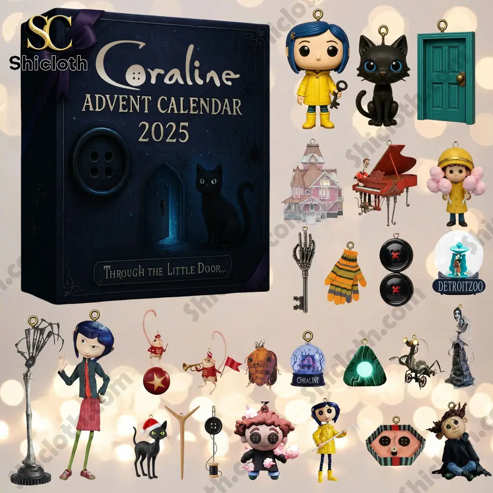 Coraline Advent Calendar 2025 box with collectible figurines and ornaments.
