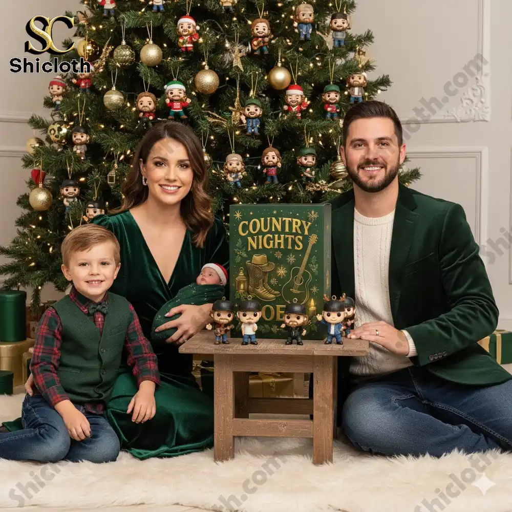 Family posing with Country Nights Noel advent calendar and holiday figurines in front of Christmas tree.