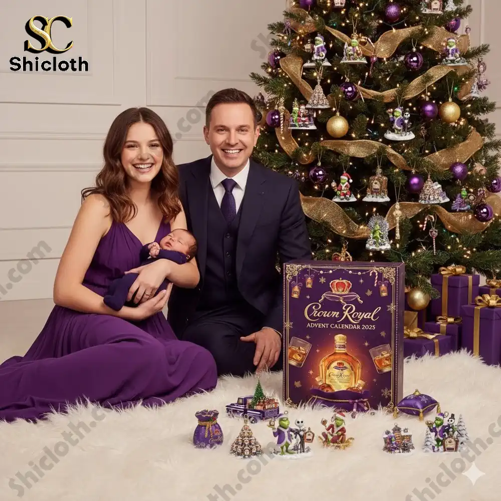 A smiling family sits by a Christmas tree with the Crown Royal Advent Calendar 2025 box and miniature decorations from Shicloth!