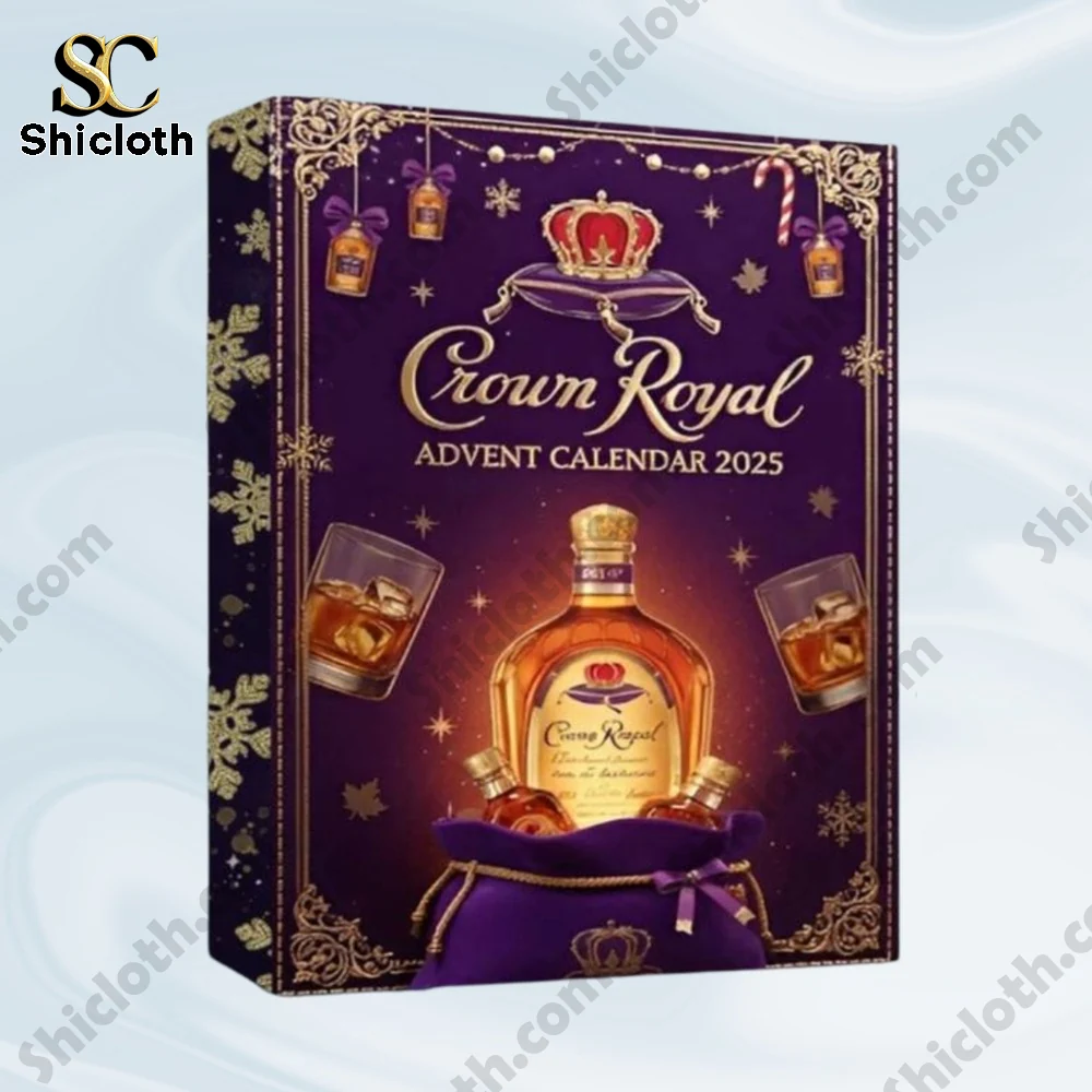 Luxurious purple and gold Crown Royal Advent Calendar 2025 box from Shicloth!