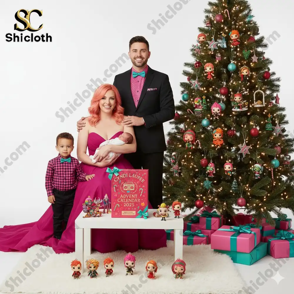 Family posing with Cyndi Lauper Advent Calendar 2025 and decorated Christmas tree.