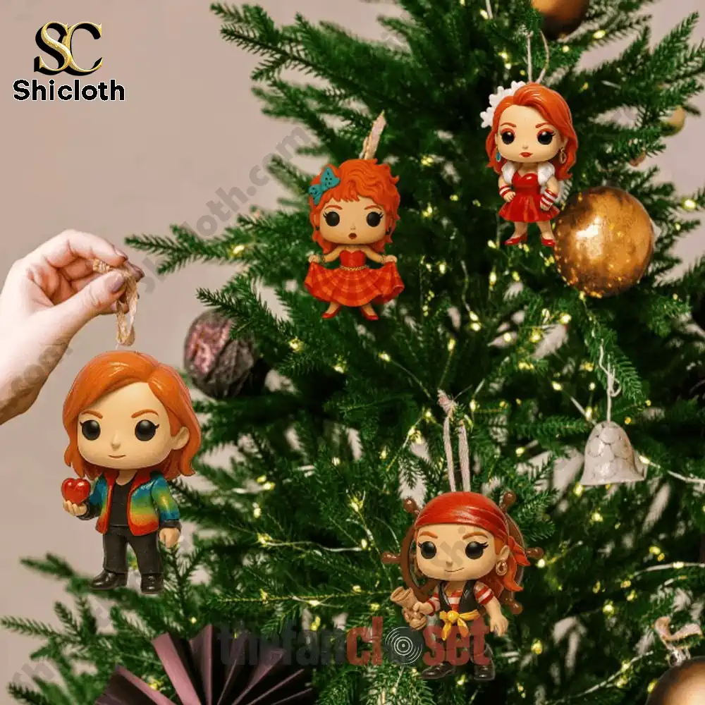 Cyndi Lauper Girls Just Want a Holiday Advent Calendar 2025 5 Cyndi Lauper character ornaments hanging on Christmas tree.