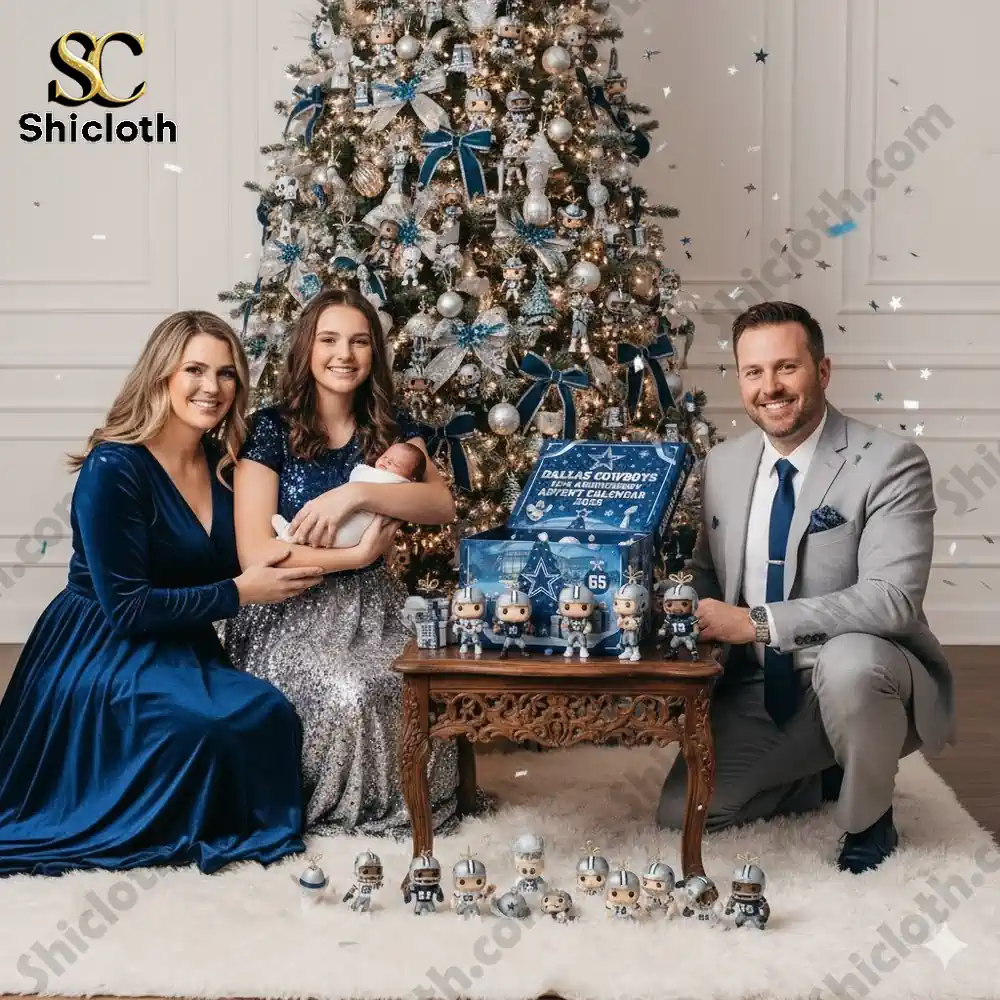 A family poses beside a Christmas tree with Dallas Cowboys 65th Anniversary Advent Calendar 2025 and football-themed mini figures!