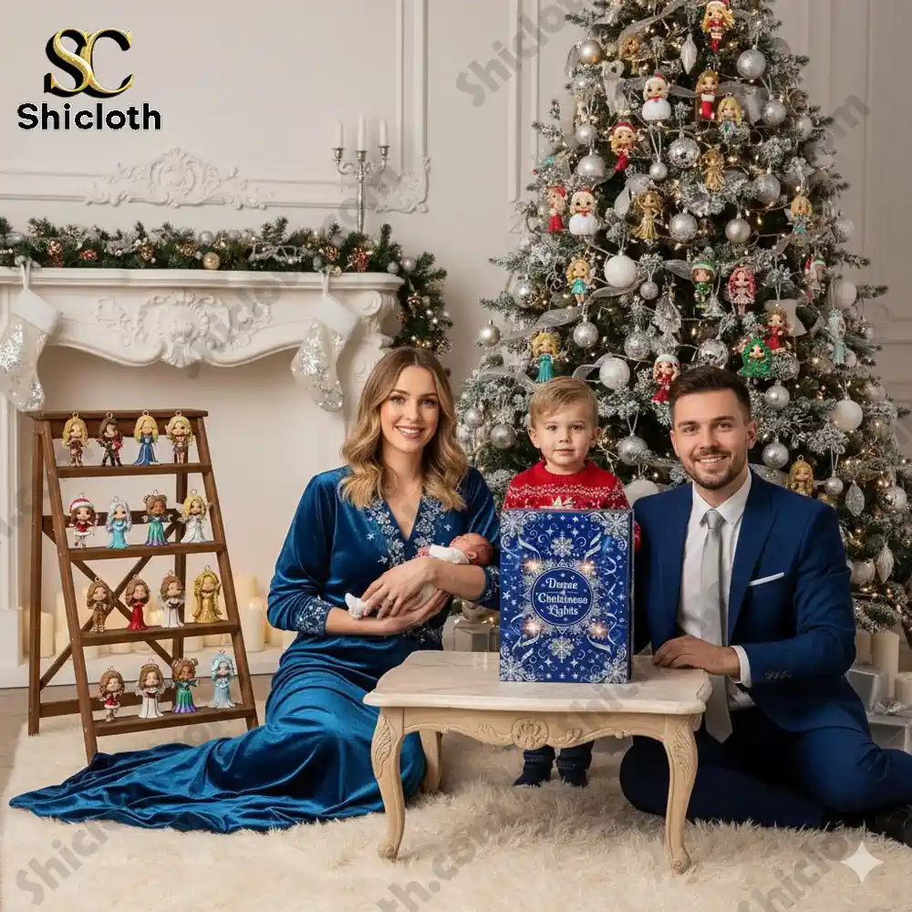Family sitting by Christmas tree with Dance Of Christmas Lights Advent Calendar 2025 box and ornaments.