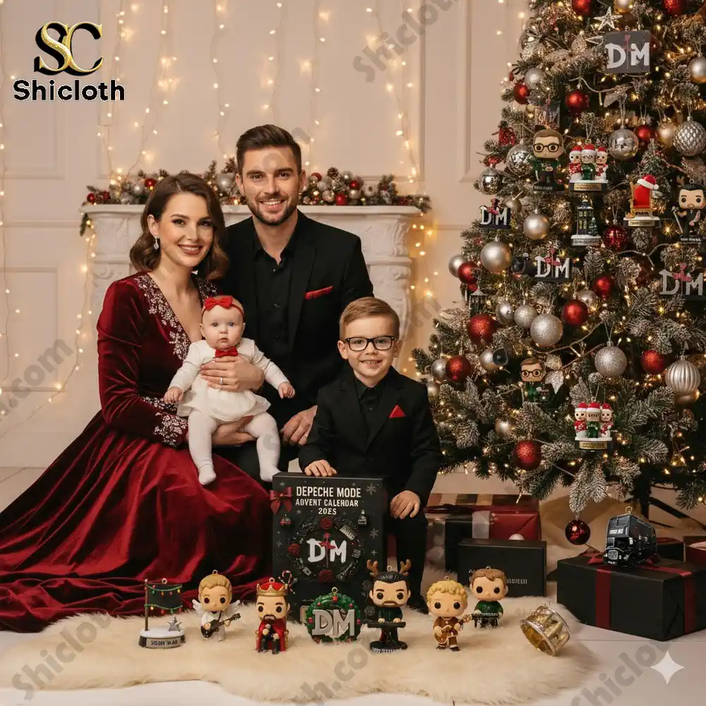 Family sitting by Christmas tree with Depeche Mode Advent Calendar 2025 and collectible figures.