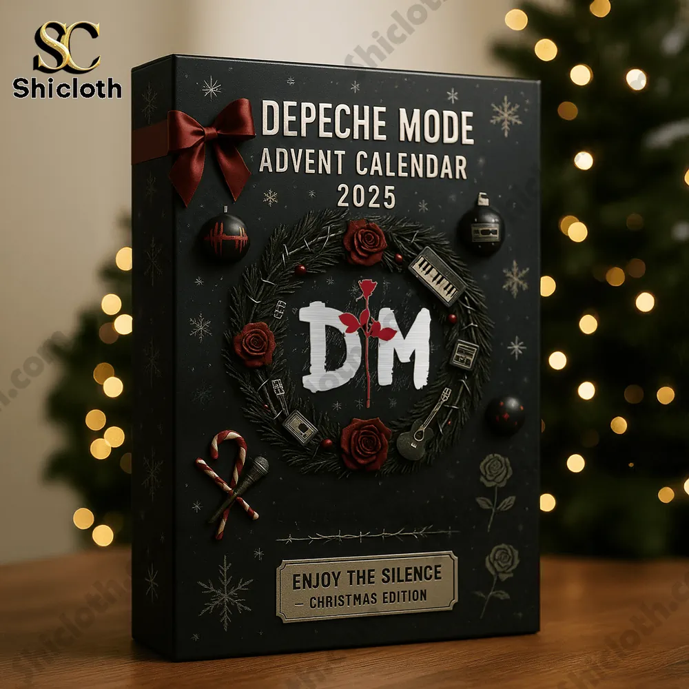 Close up of Depeche Mode Advent Calendar 2025 box with festive design.
