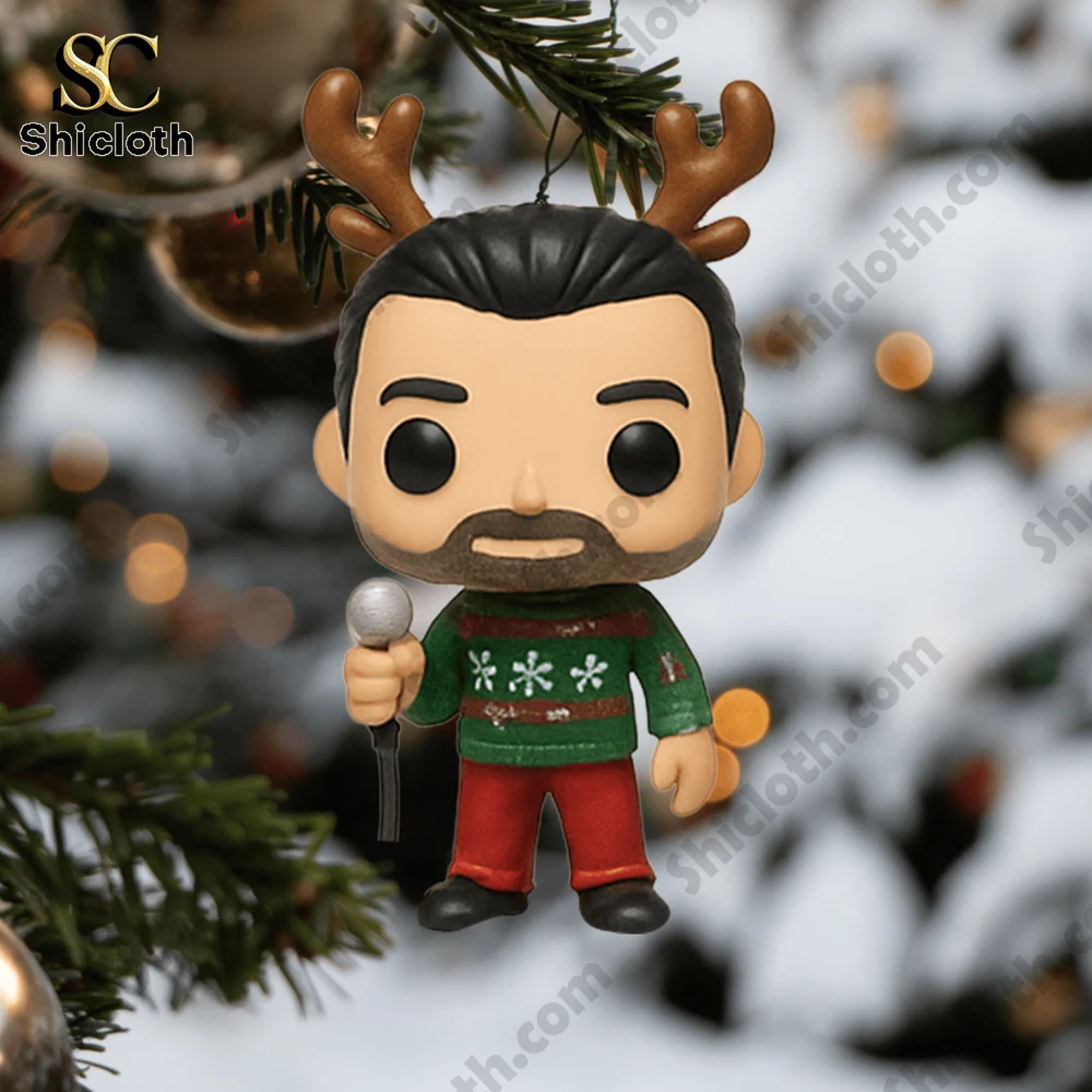 Depeche Mode Advent Calendar 2025 5 Depeche Mode figure ornament with reindeer antlers hanging on Christmas tree.