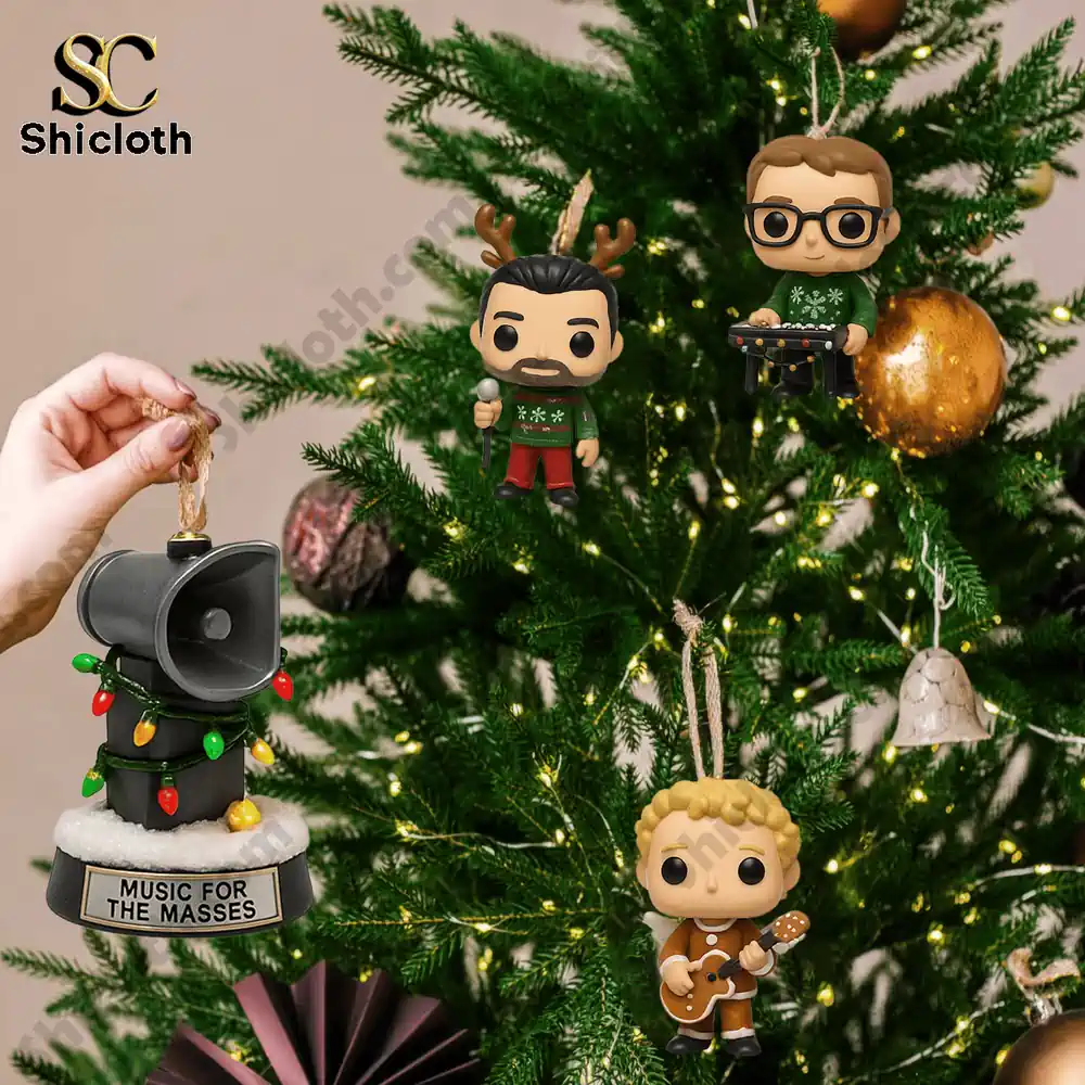 Depeche Mode Advent Calendar 2025 6 Depeche Mode collectible ornaments from Advent Calendar 2025 hanging on tree.