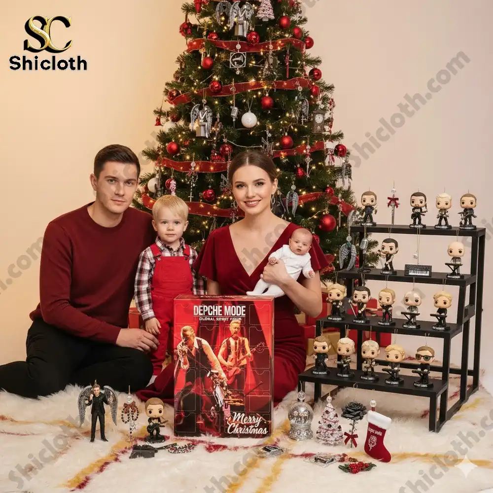 A family sits by a Christmas tree with the Depeche Mode Global Spirit Tour Advent Calendar 2025 and collectible figurines displayed.