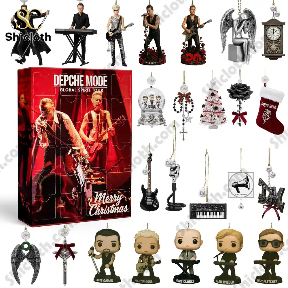 The Depeche Mode Global Spirit Tour Advent Calendar 2025 with collectible band figurines and Christmas ornaments.