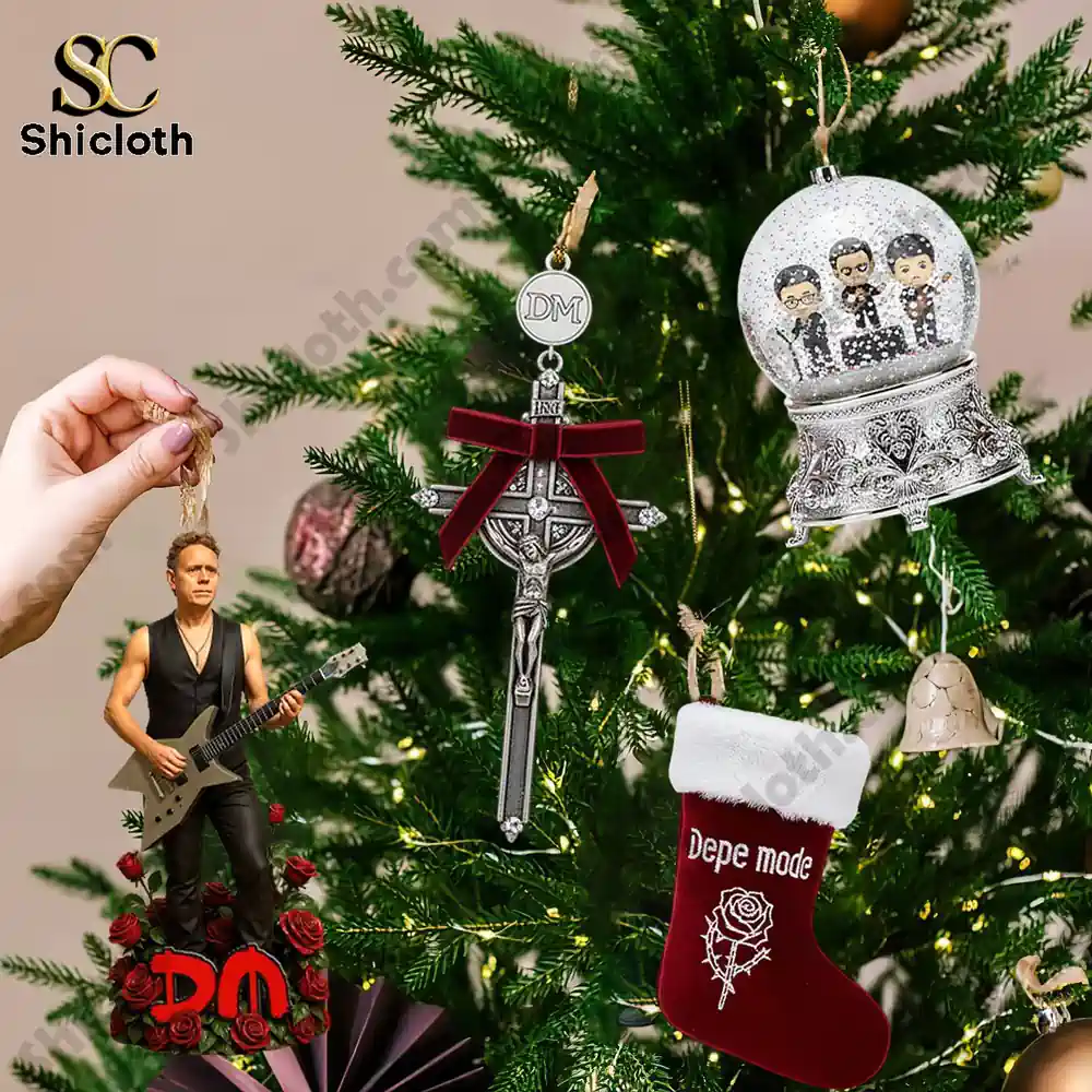 Depeche Mode Global Spirit Tour 2025 Advent Calendar 5 Christmas tree decorated with Depeche Mode themed ornaments from the Global Spirit Tour Advent Calendar 2025.