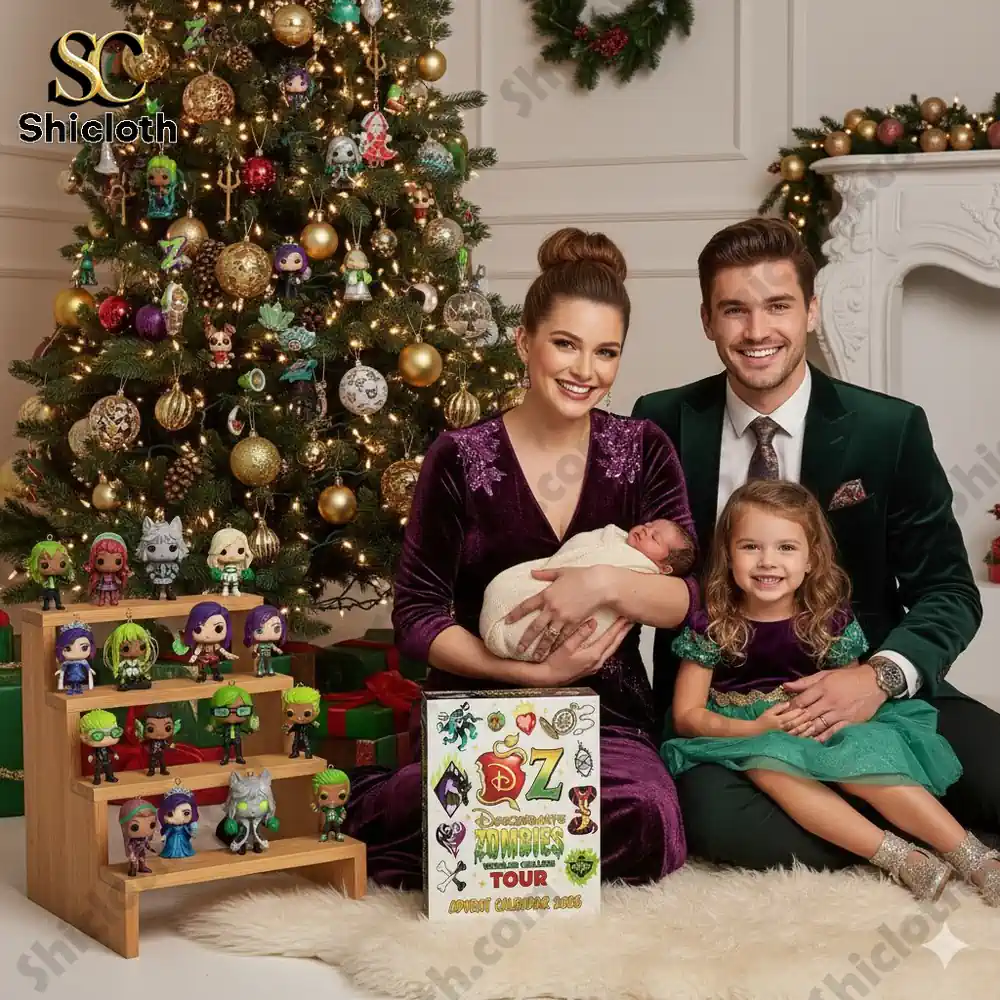 Family sitting by a Christmas tree with the Descendants Zombies Worlds Collide Tour Advent Calendar 2025 box and character ornaments.