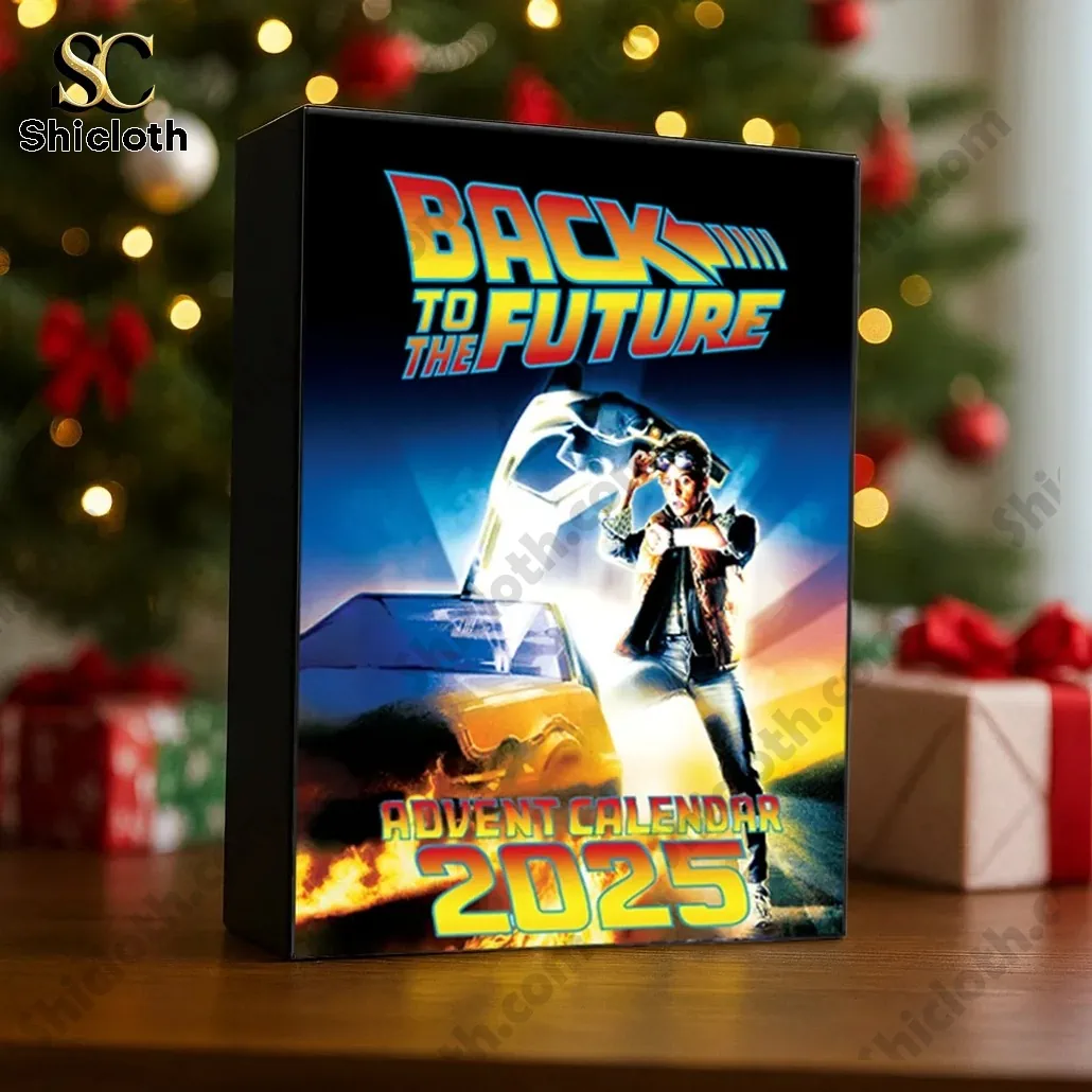 Close up of Shicloth Back To The Future 2025 advent calendar box on table.