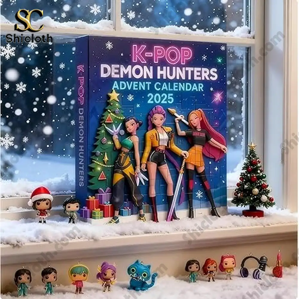 Kpop Demon Hunters Christmas Advent Calendar 2025 4 K Pop Demon Hunters advent calendar box on a snowy windowsill with miniature figures displayed!