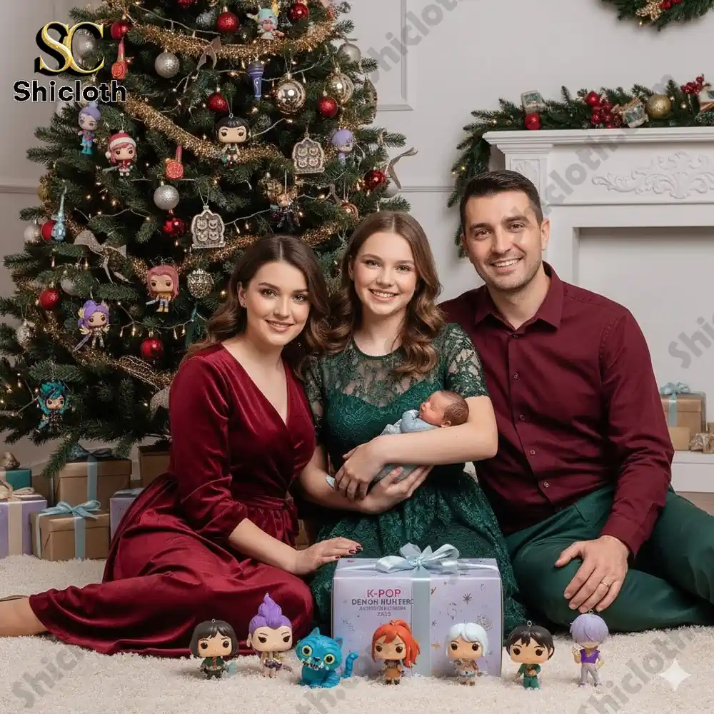 A family posing by a Christmas tree with the K Pop Demon Hunters advent calendar and small character figures!
