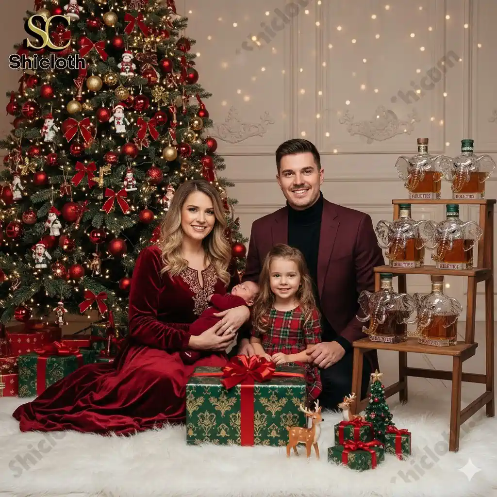 Family posing for Christmas photo with elephant-shaped whiskey bottles beside decorated tree!
