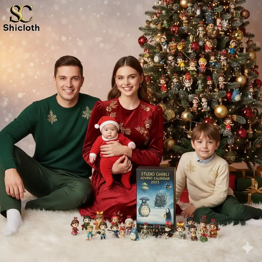 A family celebrating Christmas with a Studio Ghibli themed tree, the Advent Calendar 2025 box, and small character figures.
