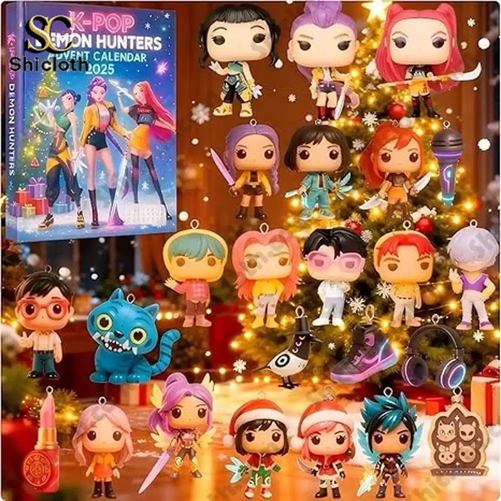 K Pop Demon Hunters advent calendar box with multiple chibi character charms displayed!