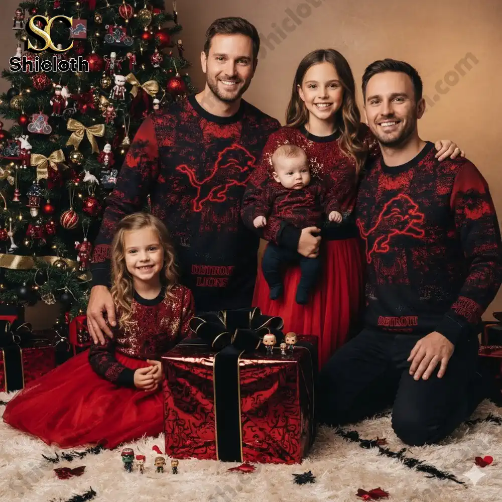 A family wearing matching red Detroit Lions Christmas sweaters from Shicloth posing by a decorated Christmas tree!