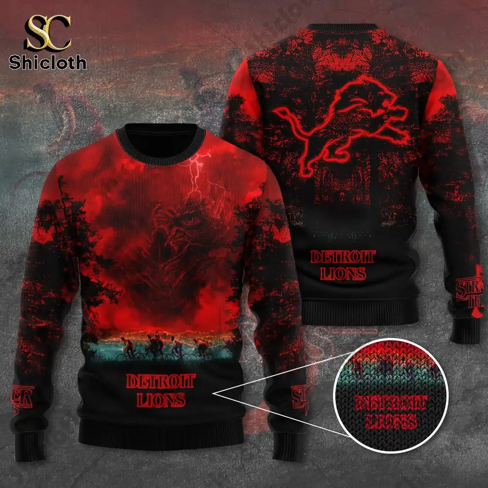 Detroit Lions red and black Stranger Things themed sweater from Shicloth!