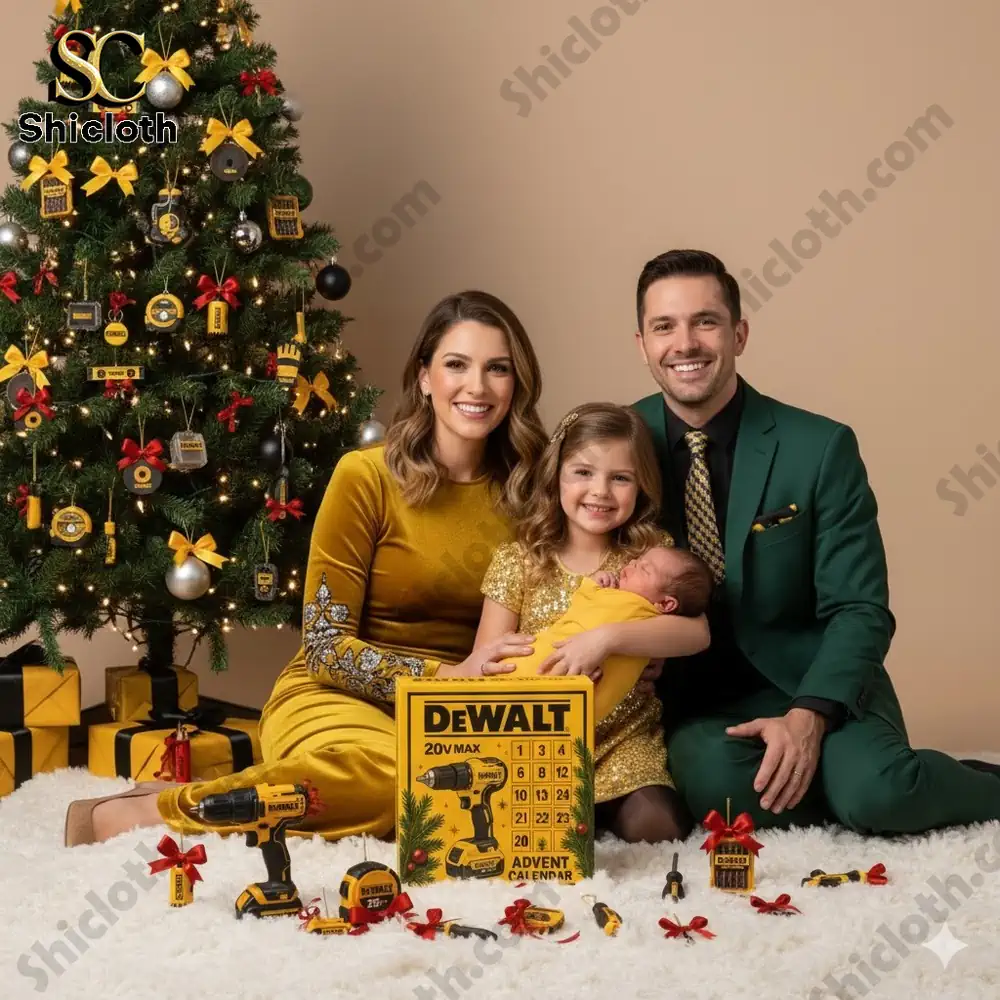 A happy family sits by a Christmas tree decorated in yellow and black, with a Dewalt 2025 Advent Calendar and Dewalt tools on the floor!