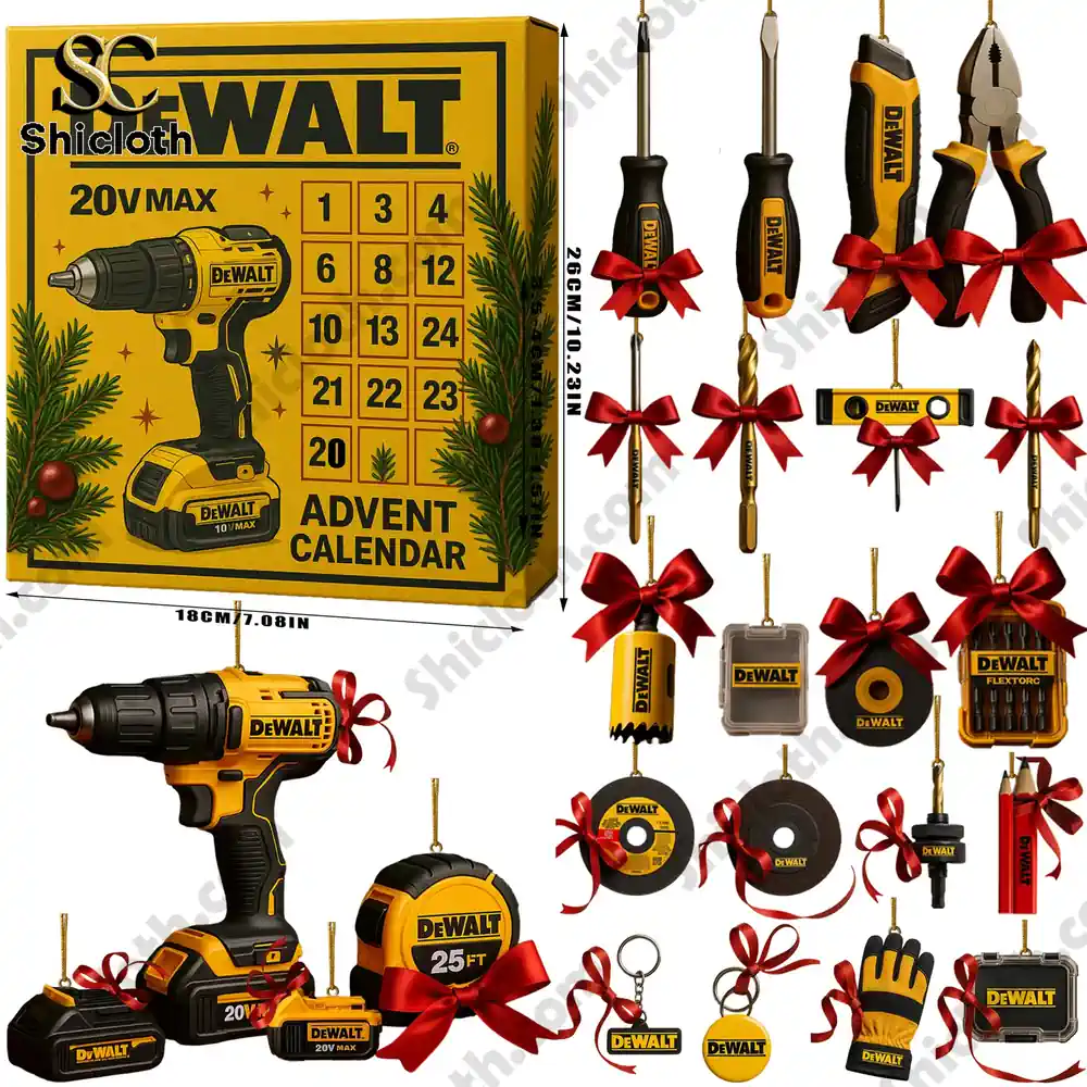 A detailed view of Dewalt 2025 Advent Calendar with yellow and black mini tools and ornaments tied with red ribbons!