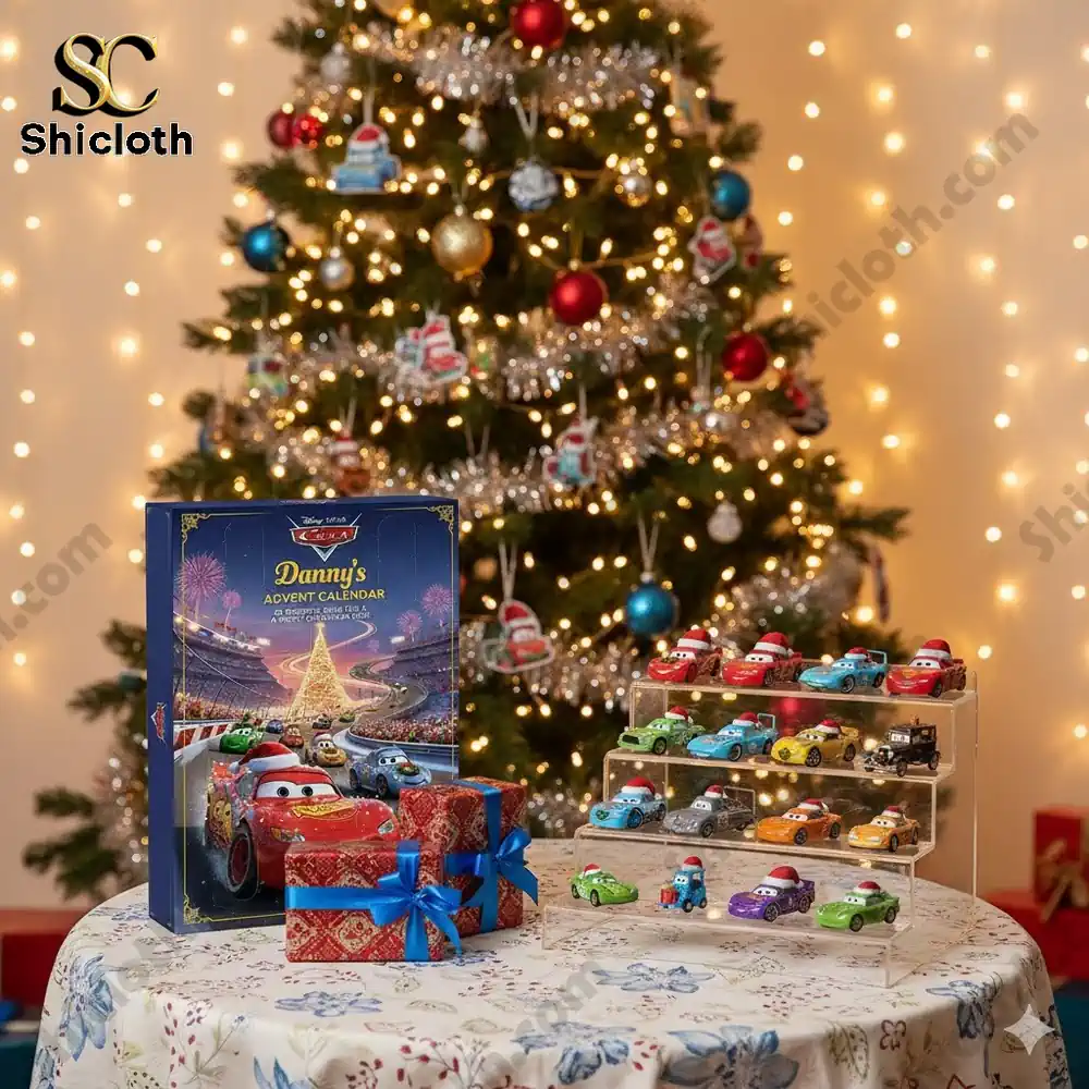 Disney Pixar Cars advent calendar with mini car figures displayed beside a Christmas tree decorated with lights.