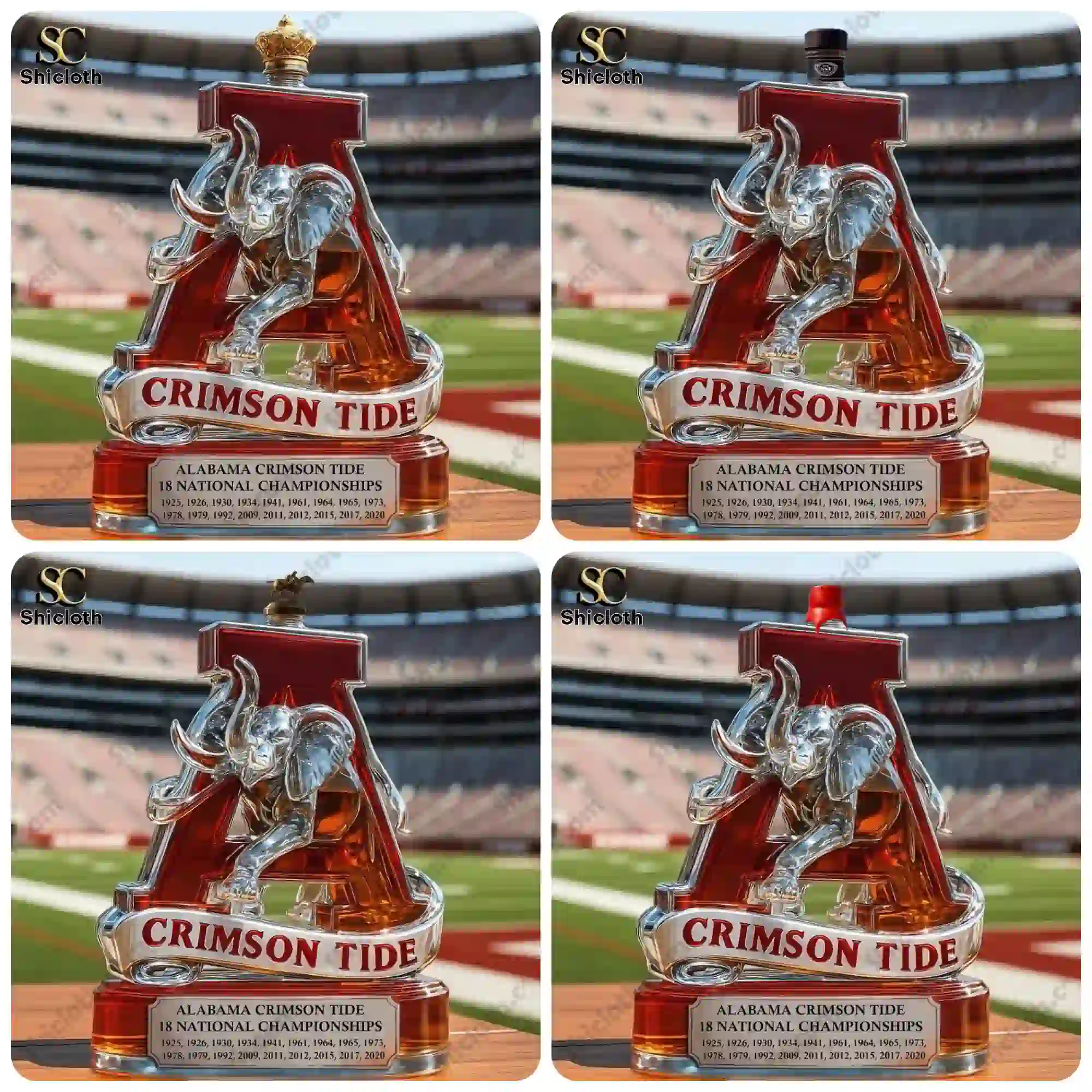 A crimson Alabama Crimson Tide liquor bottle shaped like the letter A with an elephant design displayed on a football field.