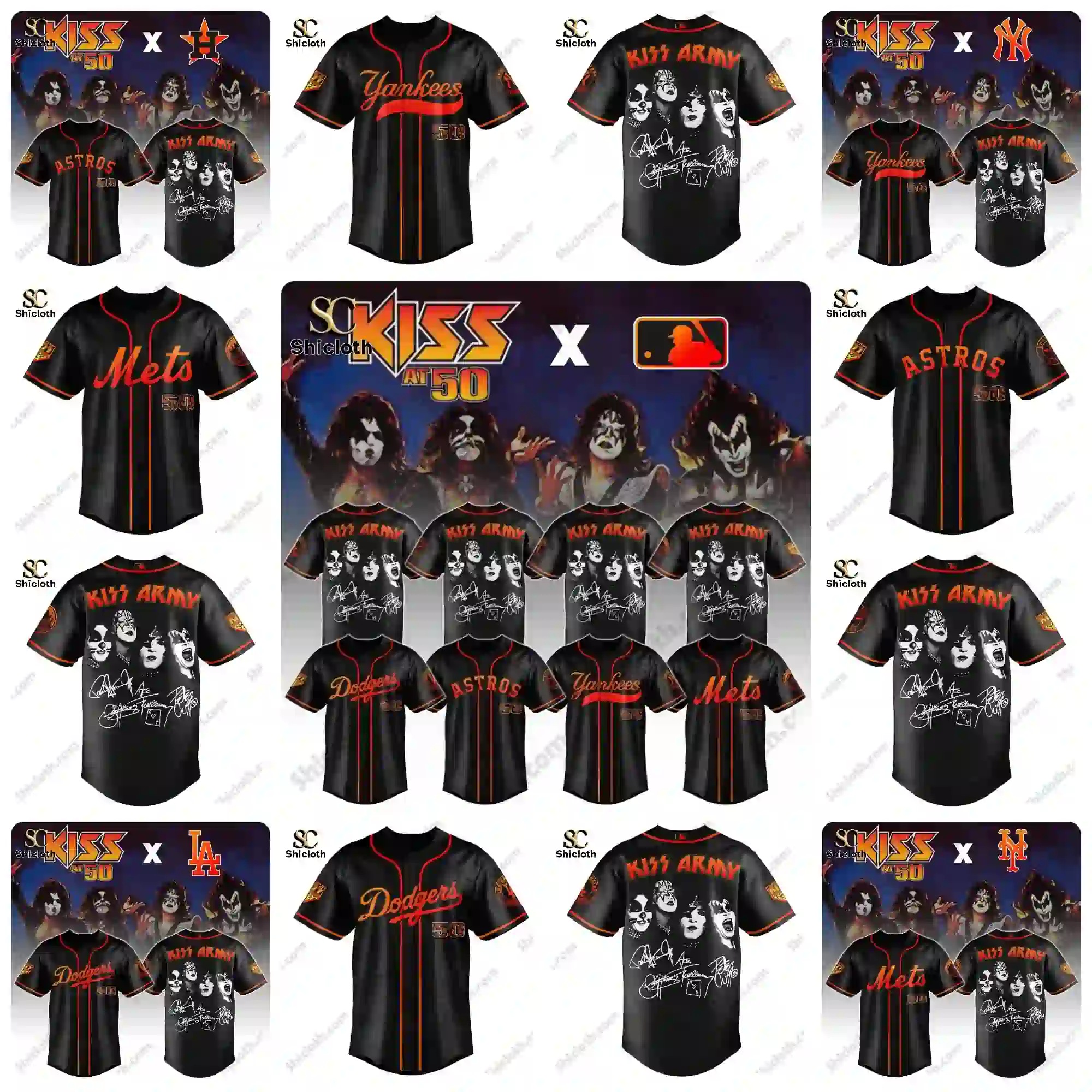 KISS at 50 baseball jerseys collaboration with MLB teams Dodgers Astros Yankees and Mets.