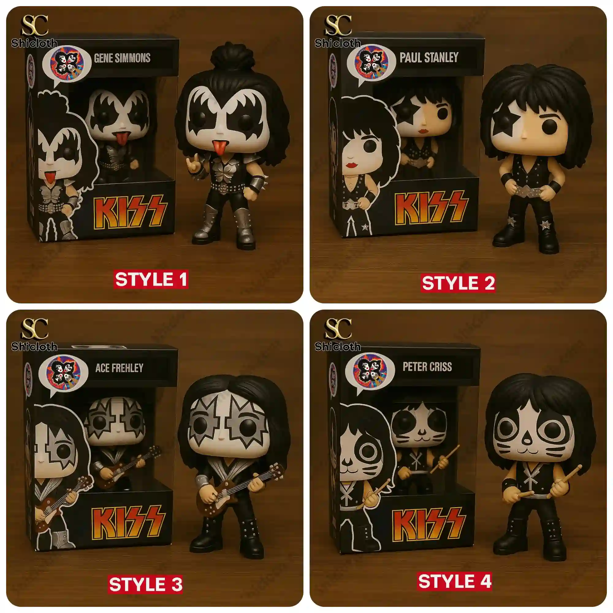 Set of KISS collectible figures featuring Gene Simmons, Paul Stanley, Ace Frehley, and Peter Criss with display boxes!