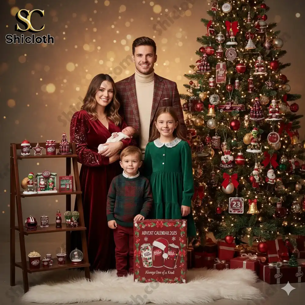 A smiling family poses by a Christmas tree with Dr Pepper themed Advent Calendar 2025 and holiday decorations.