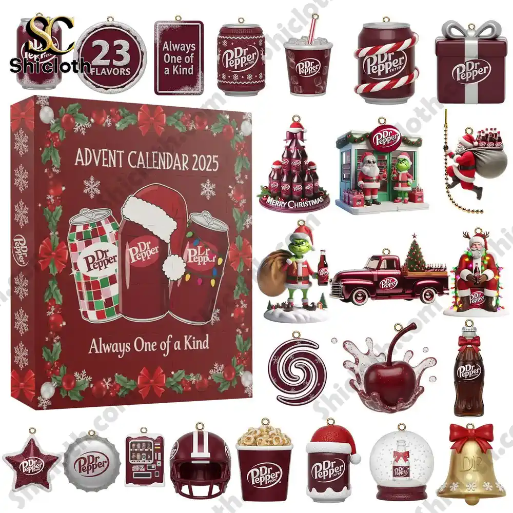 A Dr Pepper Advent Calendar 2025 with themed ornaments and Christmas decorations arranged around it.