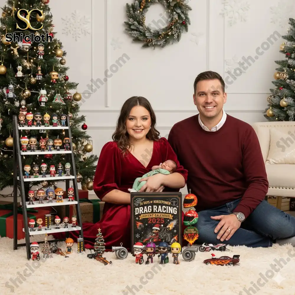 A family sits by a Christmas tree with a Drag Racing Advent Calendar 2025 box and collectible figures displayed around them!