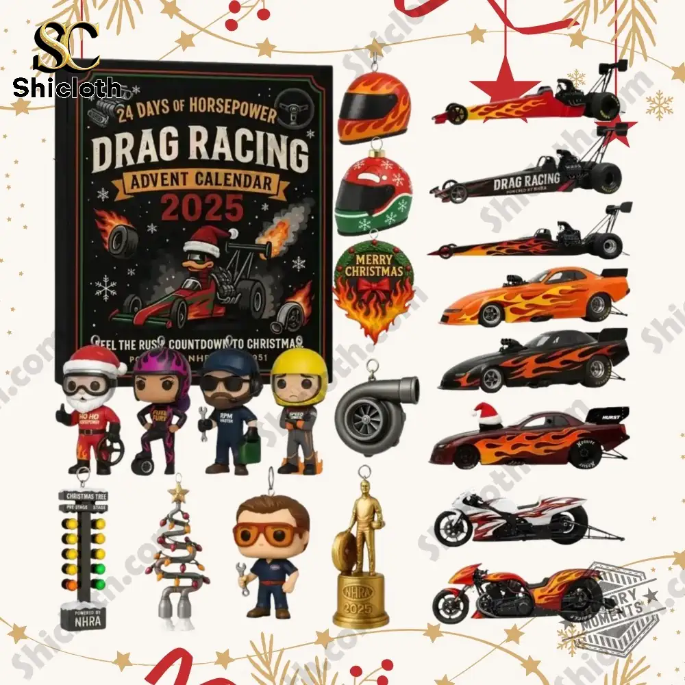 The Shicloth Drag Racing Advent Calendar 2025 with miniature racing cars, helmets, and driver figures displayed!