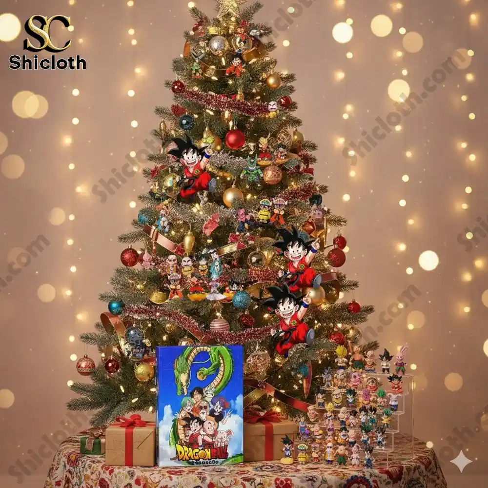 A Christmas tree decorated with Dragon Ball ornaments and a Dragon Ball Advent Calendar box beneath it.