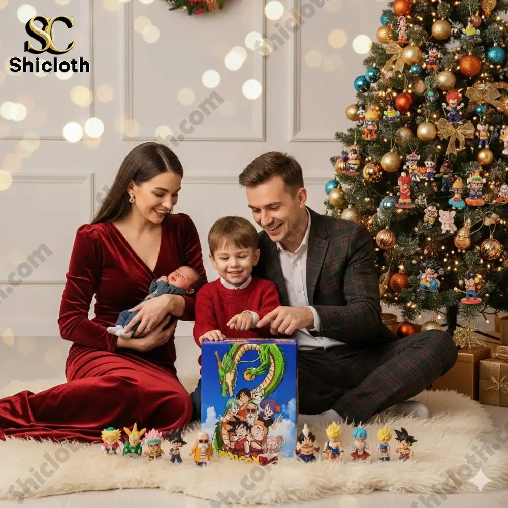 A family sits by a Christmas tree opening a Dragon Ball Advent Calendar together.