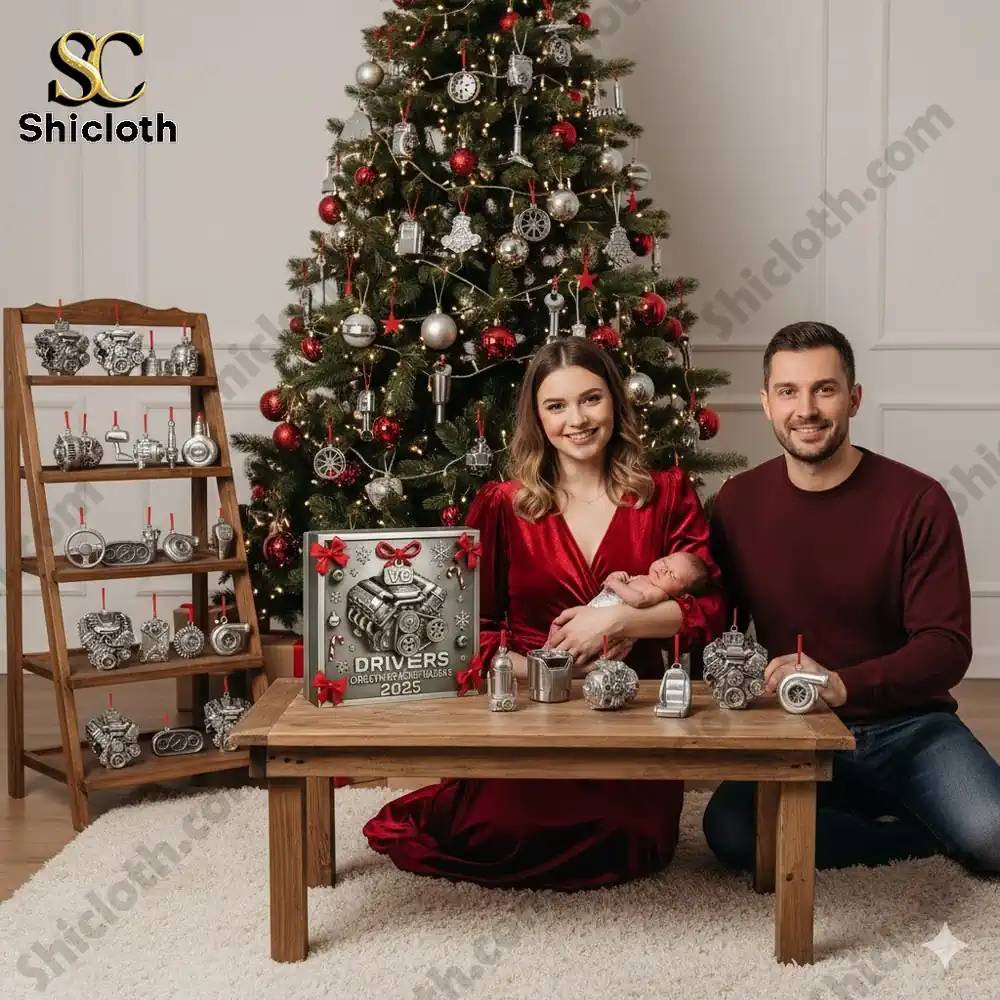 A Christmas advent calendar featuring silver car engine themed ornaments displayed with the Drivers Christmas Advent Calendar 2025 box.