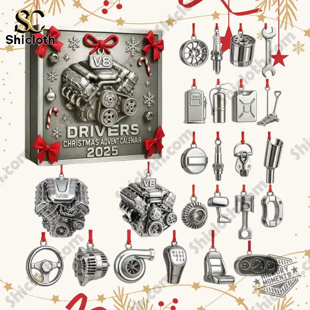 A family sits beside a decorated Christmas tree displaying the Shicloth Drivers Christmas Advent Calendar 2025 with car part ornaments.