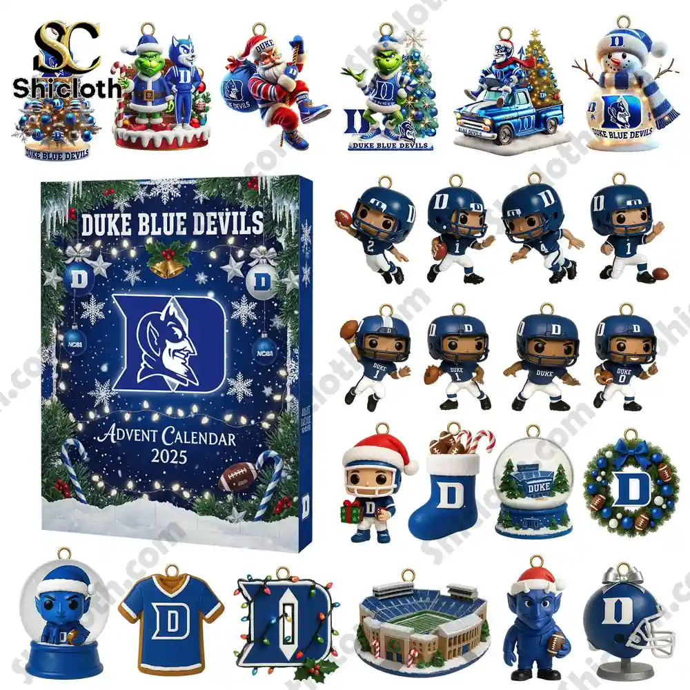 Duke Blue Devils 2025 Advent Calendar displayed with blue and white themed football ornaments and figures!