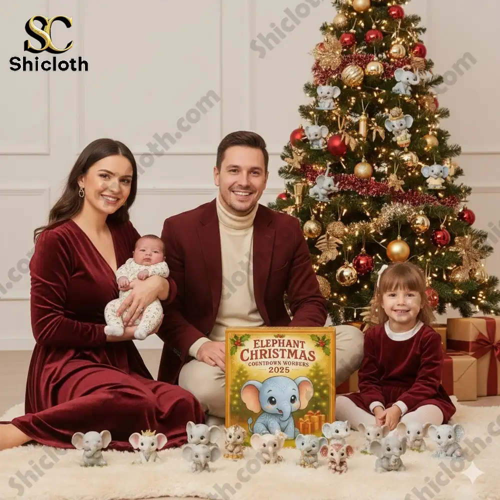 A smiling family sitting by a Christmas tree with the Elephant Christmas Countdown Wonders 2025 box and elephant figurines displayed.