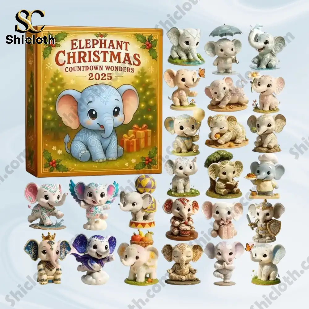 Elephant Christmas Countdown Wonders 2025 3 Collection of Elephant Christmas Countdown Wonders 2025 figurines arranged around the main countdown box.