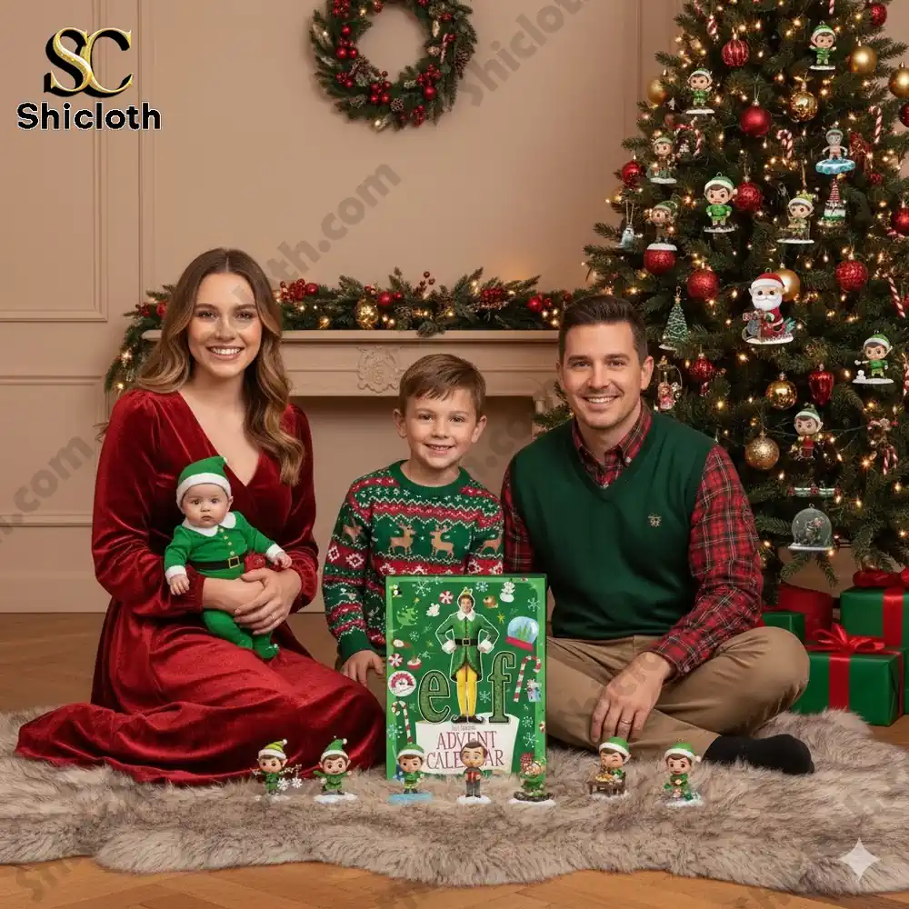 A smiling family posing by a Christmas tree with the Elf 2025 Advent Calendar and elf figurines displayed.