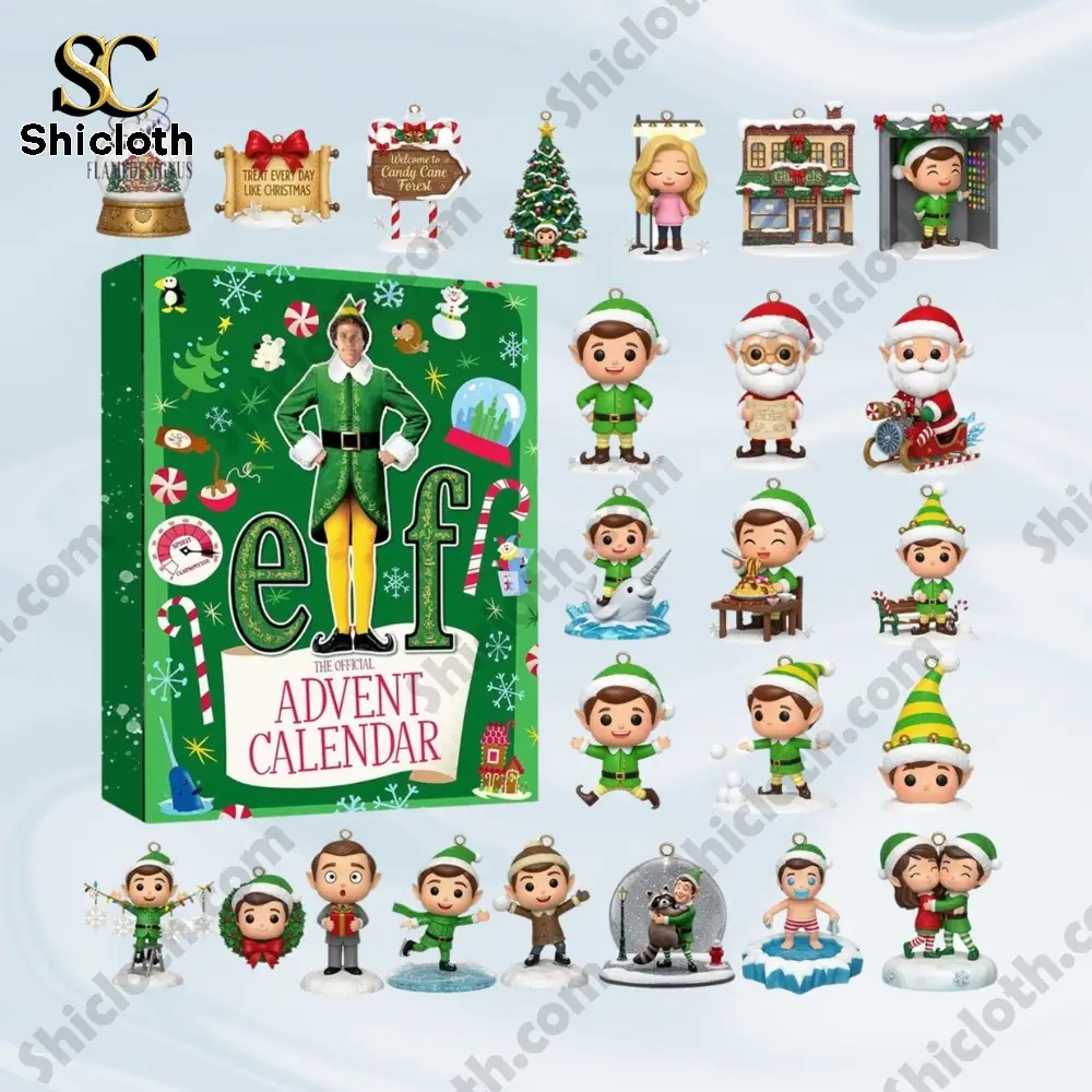 Complete collection of Elf 2025 Advent Calendar figurines and ornaments arranged around the main box.