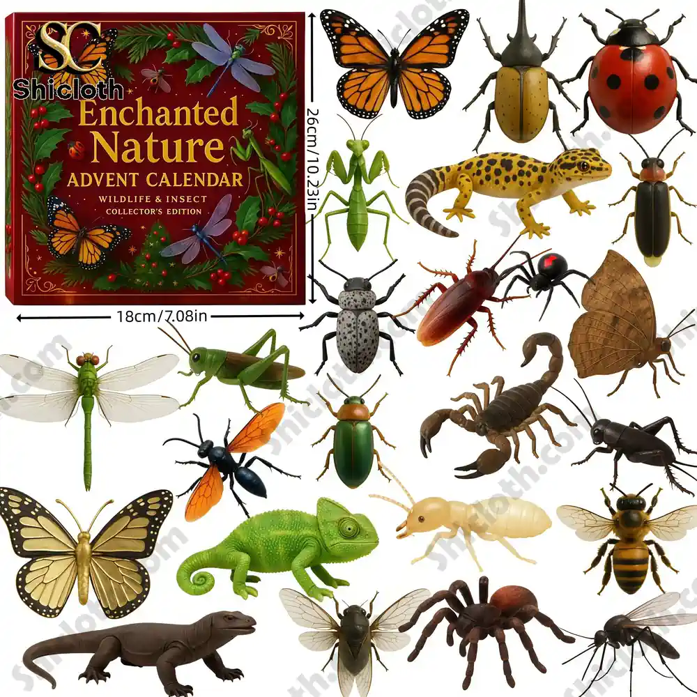 Enchanted Nature's Trick Advent Calendar 2025 3 The Enchanted Nature Advent Calendar box with dimensions and various insect and reptile toys displayed around it!