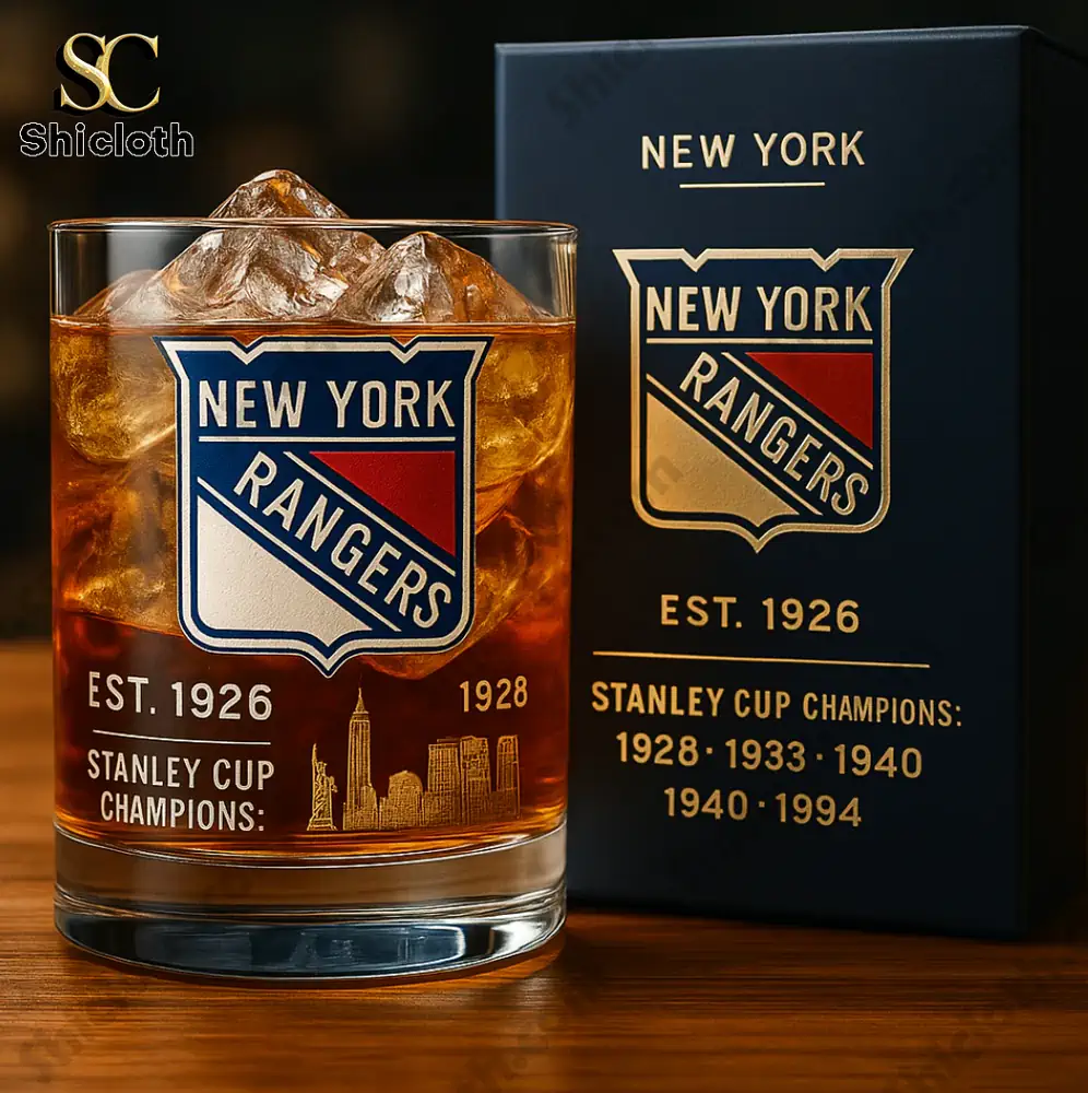 New York Rangers commemorative whiskey glass featuring team logo and Stanley Cup championship years.