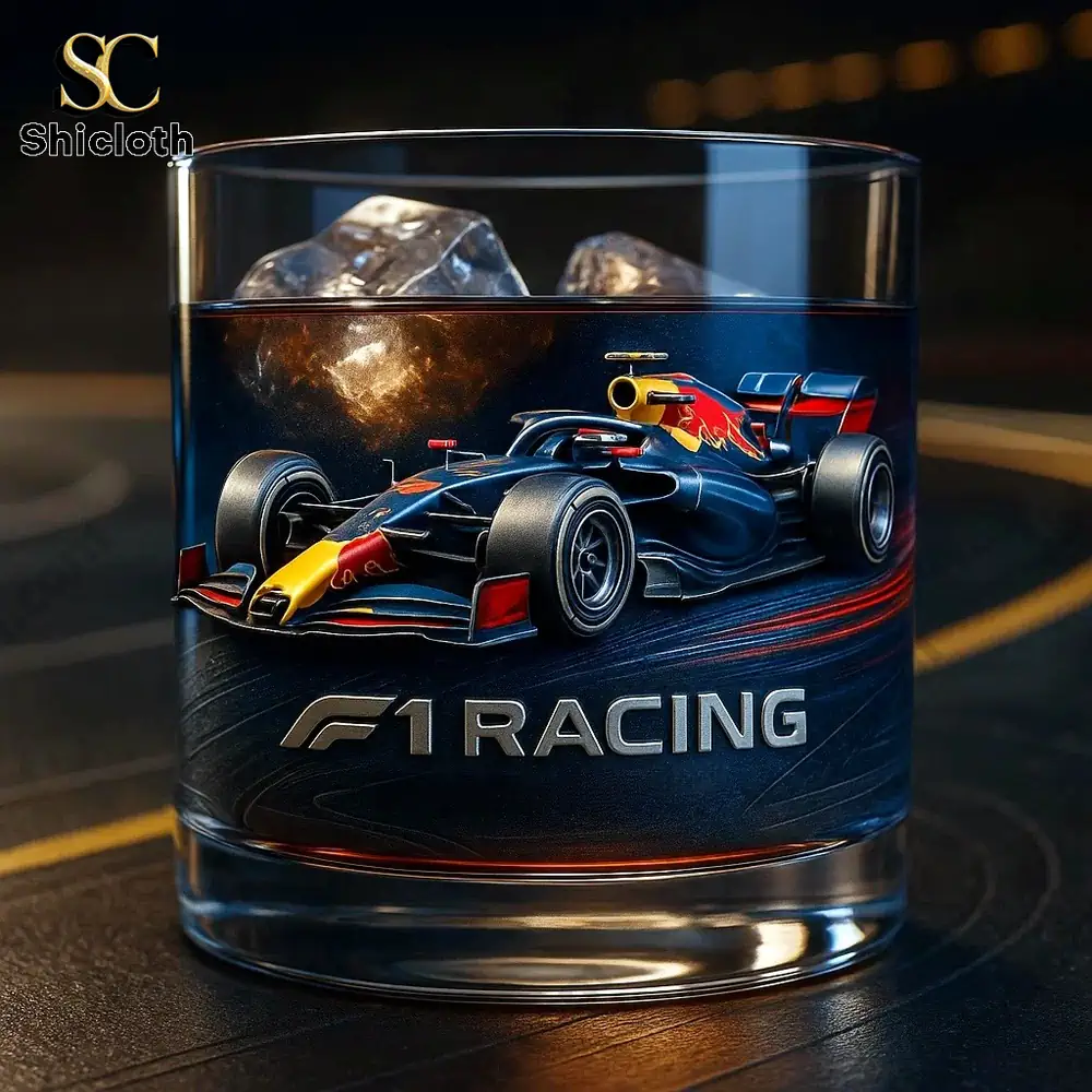 A glass with an F1 racing car design and the text F1 Racing.