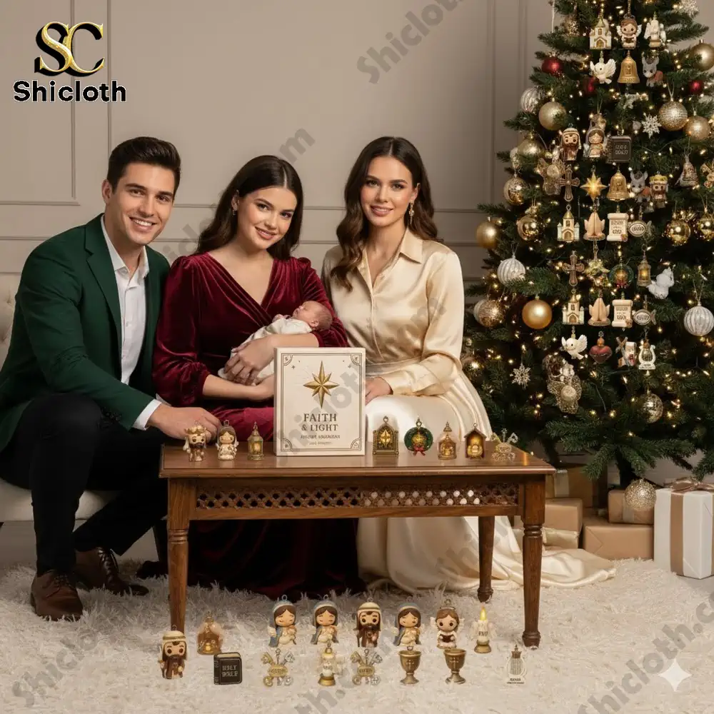 A smiling family posing with the Faith and Light 2025 Advent Calendar beside a gold-decorated Christmas tree.