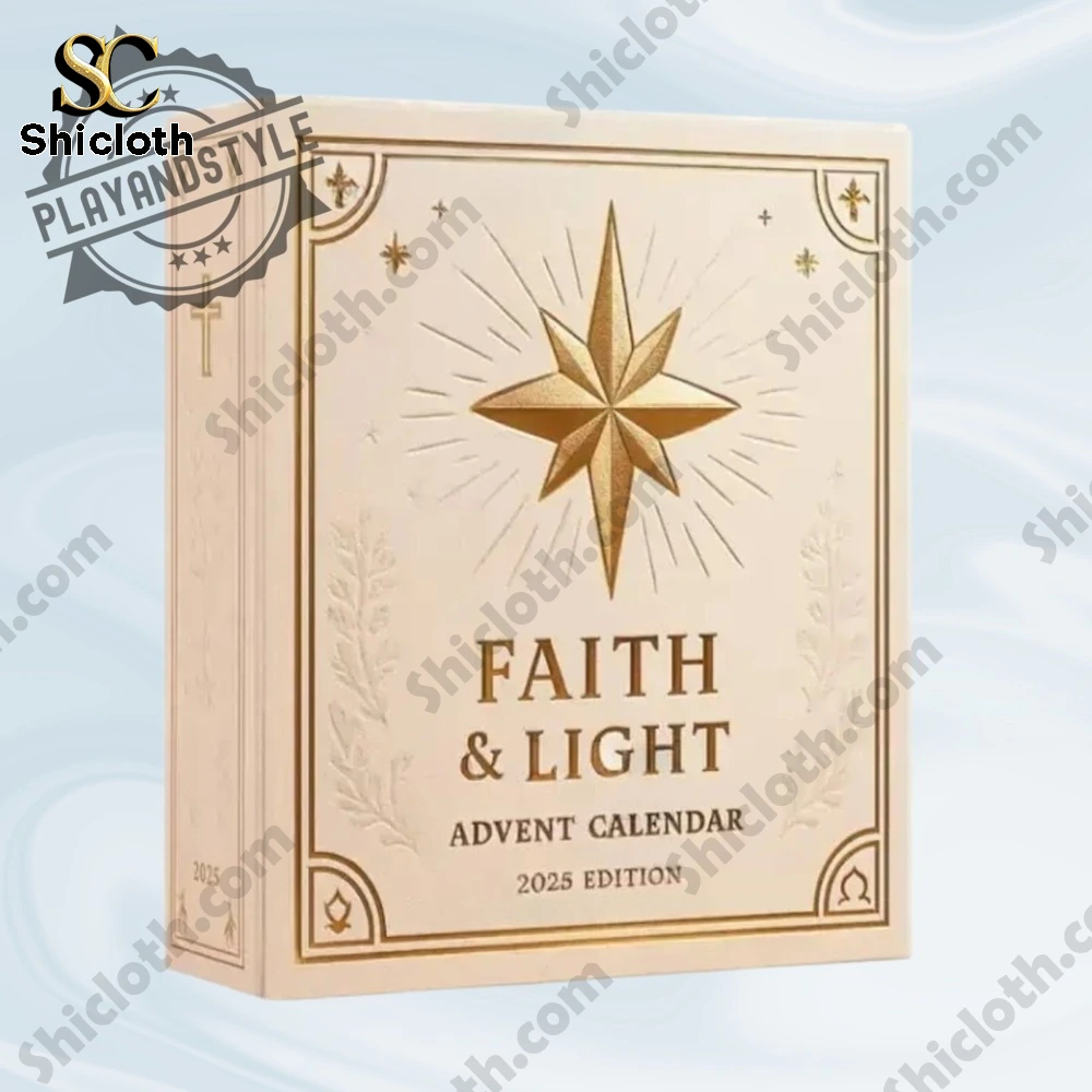 Close up of the Faith and Light 2025 Advent Calendar box with a gold star design on a cream background.