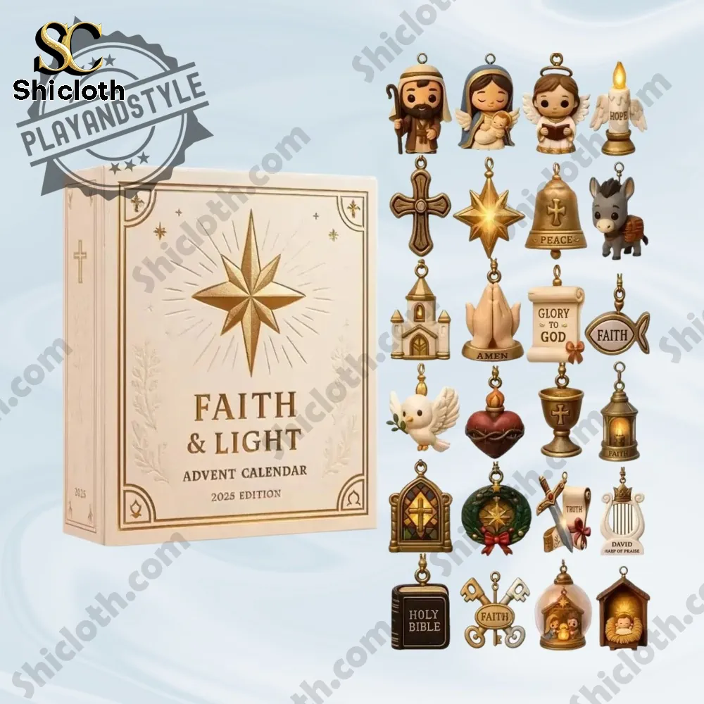 Faith Light Advent Calendar 2025 3 Complete collection of Faith and Light 2025 Advent Calendar ornaments and figurines displayed around the box.